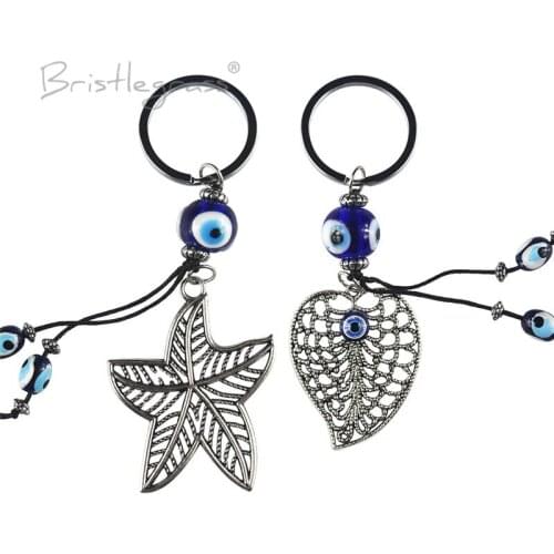 BRISTLEGRASS Turkish Blue Evil Eye Star Leaf Keychain Key Chains Ring Holder Amulet Lucky Charm Hanging Pendant Blessing Protect
