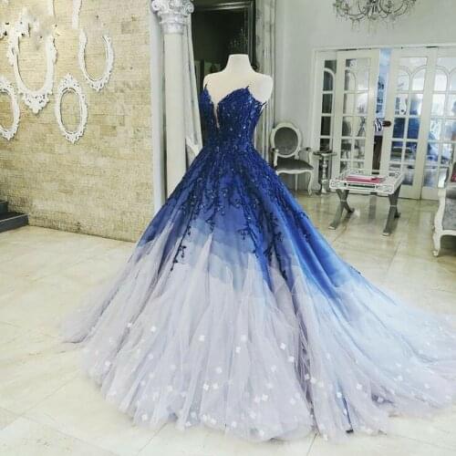 Arabic Prom Dresses Blue Applique vestido de fiesta Sweetheart Gradient Prom Dress Long Beading Party Gown abiye robe de soiree