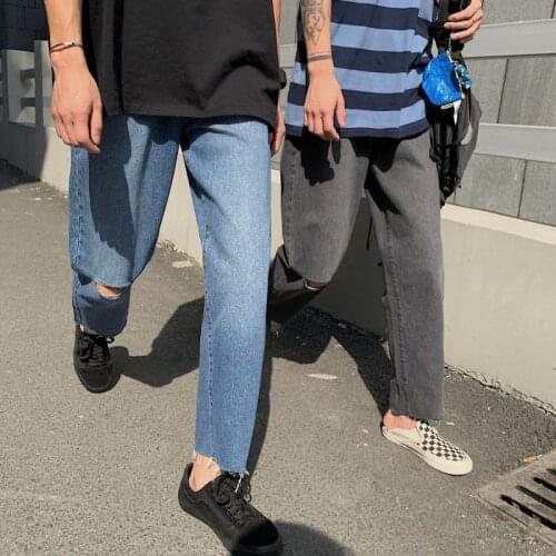 Knife Cut Jeans Spring Summer Washed Straight Pants Thin Couple Jeans Korean Casual Loose Raw-edged Hem Nine-point Pants