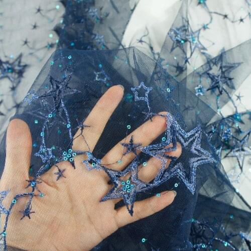 130cm Wide Blue Tulle Three-dimensional Embroidery Stars Sequins Lace Fabric For Dress by Yard,Black,white,gray,pink and Yellow