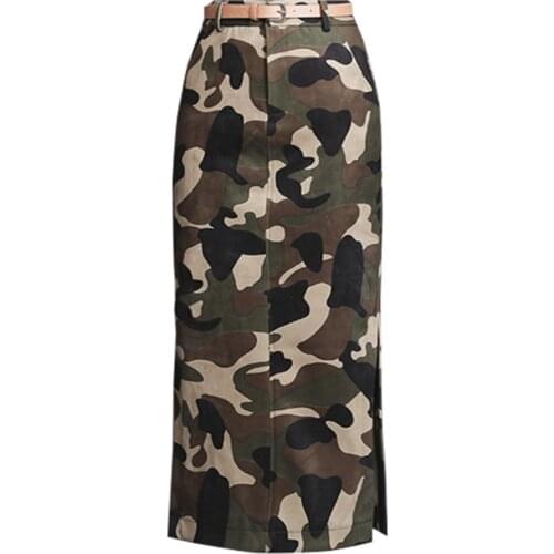 Camouflage woolen skirt women high waist package hip split autumn winter thick warm pencil skirt