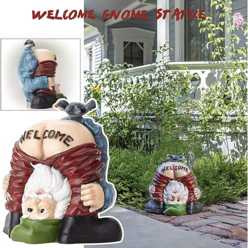 Creative Prank Dwarf Statue Resin Doll-Welcome Dwarf Sculpture with Bird Funny Handicraft Garden Decor Arrangement Ornaments