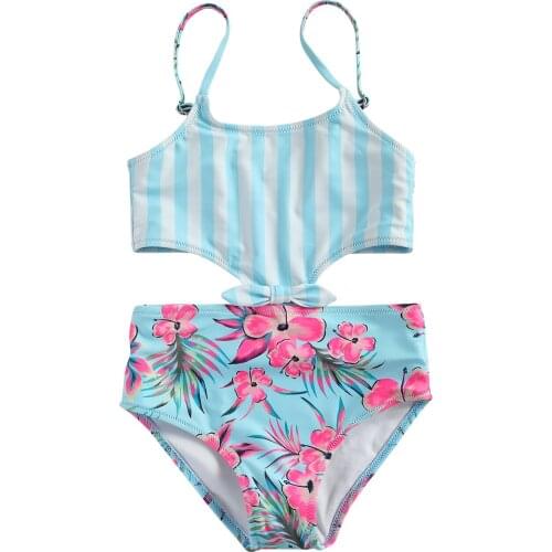 2021 6-13Y Summer Kids Baby Girl Swimwear Summer Floral Striped Print Sleeveless Hollow Bow Swimsuit Holiday Beachwear