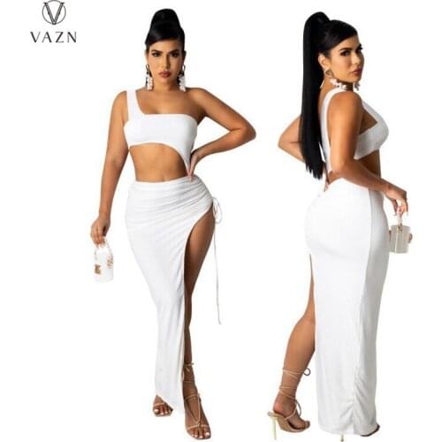 VAZN 2021 Top Sale One Off Shoulder White Drawstring Sexy Night Party Sexy Club Birthday Long Dress Elegant Women Dress