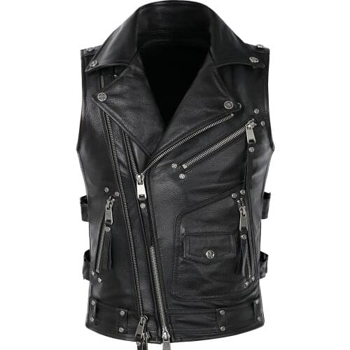2021 Black Men American Style Bikers Leather Vest Plus Size XXXXL Genuine Cowhide Spring Slim Fit Short Motorcycle Coat