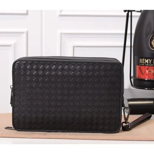 Men Woven Clutch Bags High Quality Luxury Designer Cow Genuine Leather Purse Fashion Large Capacity Double Zipper Casual Wallet