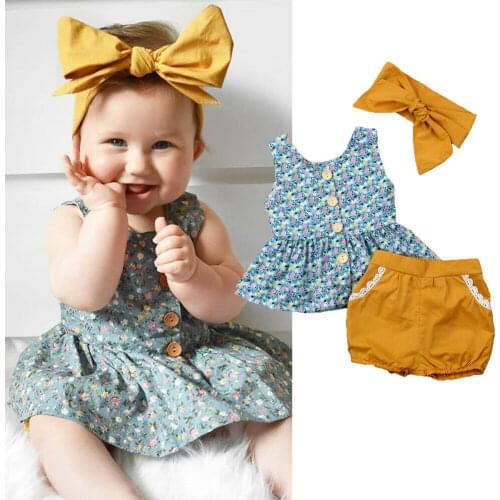 0-24M 3Pcs Baby Outfits Baby Girl Summer Clothes Sets Infant Floral Sleeveless Button Tops Princess Dress Shorts Headband