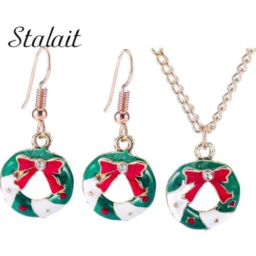 New Christmas Wreath Earrings Pendant Necklace Set Red Bow Fashion Gold Color Alloy Jewelry For Female Child Christmas Gifts