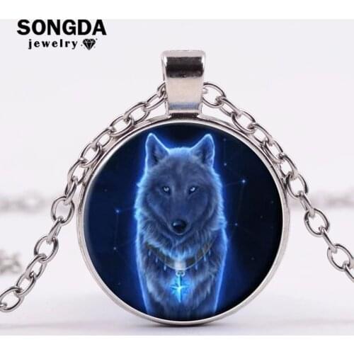 SONGDA Vintage Nymph Wolf Chain Necklace Nordic Wicca Wolf Art Painting Glass Cabochon Pendant Necklace Women Men Animal Jewelry