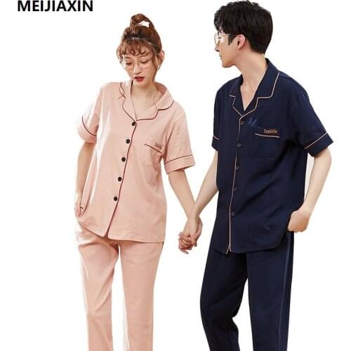 Couple Pajamas Set Summer Cardigan Pyjamas Women and Men Pajamas Short Sleeve Sleepwear Men Lounge Pijama Plus Size M-3XL