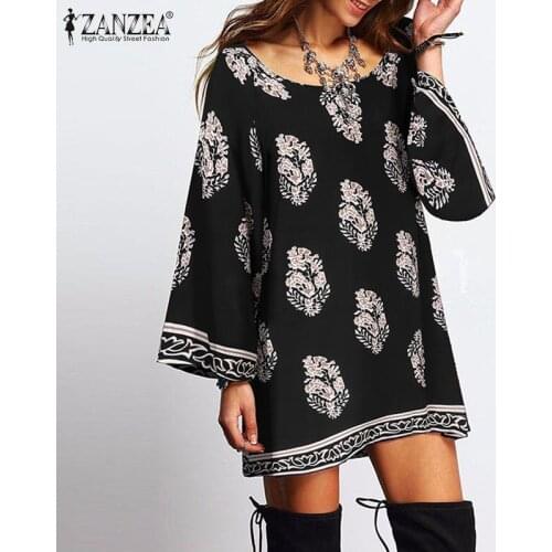 ZANZEA Summer Floral Printed Short Mini Dress Women O Neck Long Sleeve Holiday Beach Sundress Casual Party Vestidos Oversized