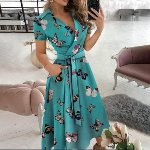 Spring Summer Women Midi Dress Casual Boho Solid Short Sleeve Print Fashion Strappy Asymmetrical Streetwear Clothing Red Green