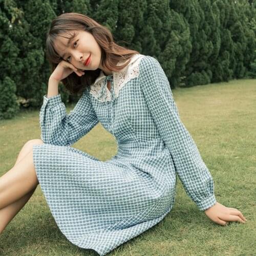 INMAN 2021 Spring New Arrival Plaid French Style Baby Collar Lace Bow A-line Mid Womens Dress