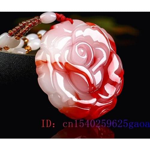 Jade Rose Pendant Red White Jewelry Necklace Amulet Gifts Women Carved for Natural Fashion Chinese Charm Flower Men