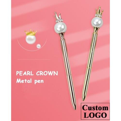 Custom Logo Pearl Crown Pen Metal Ballpoint Pen Gift Luxury Ballpoint Pen Wedding Birthday Gift Engraved Name Novelty Pens