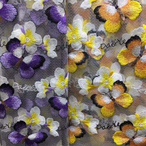 LASUI New 1yard/1 lot 3 color Pretty butterfly flower embroidery mesh lace fabric Purple/Yellow for Dress skirt X0371