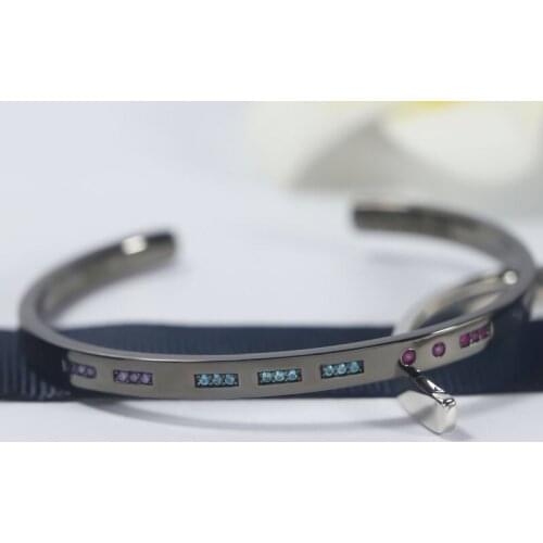SLJELY Fashion Real S925 Sterling Silver Black Grey AMOUR Morse Code Open Cuff with Colorful Zircon Stones Women Bangle Bracelet