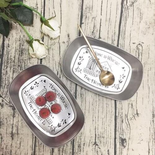 Stainless Steel Plate Vintage Plate Engraving House Pattern Food Tray Platos Prato Rectangle Plates Dishes Butter Dishes