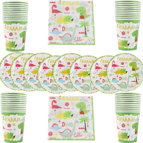 Green Dinosaur Theme Plates Kids Boys Favors Happy Birthday Party Cups Napkins Baby Shower Decorate Towel Dishes 60pcs/lot
