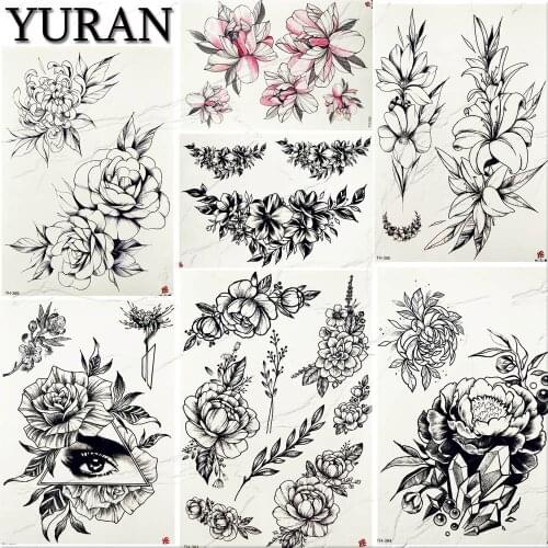 YURAN Fashion Big Black Flower Temporary Tattoo Stickers Women Body Neck Arm Chest Leaf Fake Tatoo Bracelet Geometric Eye Tattoo