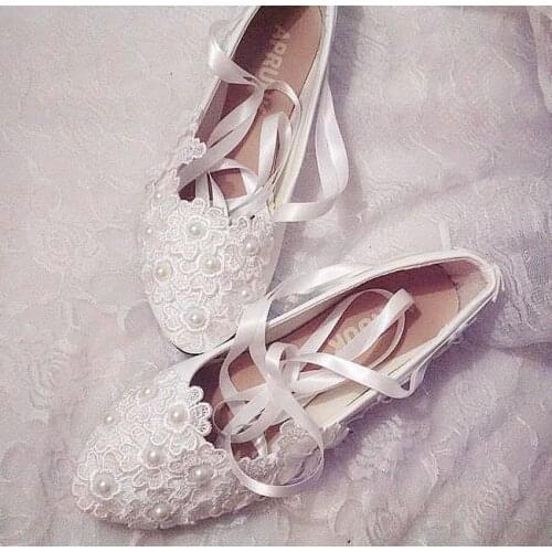 Womens flats shoes ivory Lace pearls plus size satin riband lace up bridal ladies wedding shoes bride flower lace girls dancing