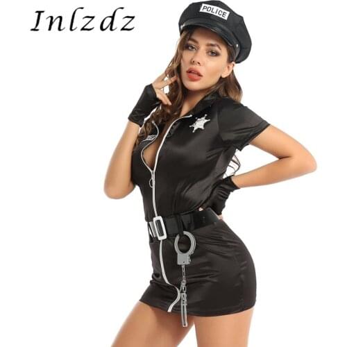 Womens Police Officer Cop Uniform Fancy Cosplay Costume Halloween Outfit Bodycon Mini Dress with Hat Badge Belt Gloves and Cuffs