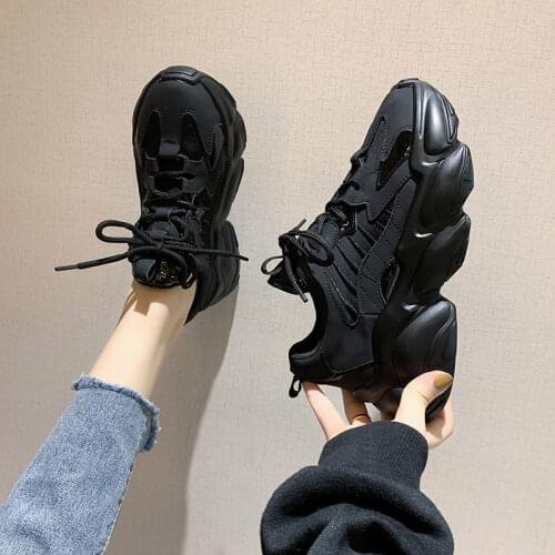 Womens Lace-Up Sneakers Black Chunky Platform White Casual Leather Breathable Plush All-match Winter Ladies Sports Sneakers