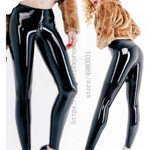 Made of 0.4mm thickness natural latex stretch pants cool black womens leggings with crotch zipper decorations