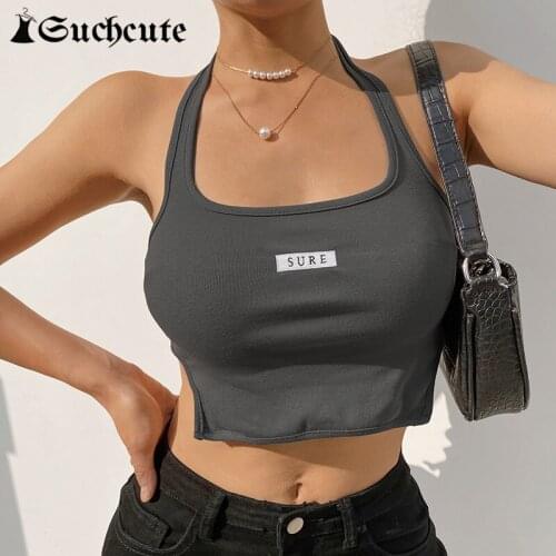SUCHCUTE Streetwear Letter Print Fitness Crop Tops For Women 2021 Summer Casual Basic Halter Tops Korean Style 90s Outfits