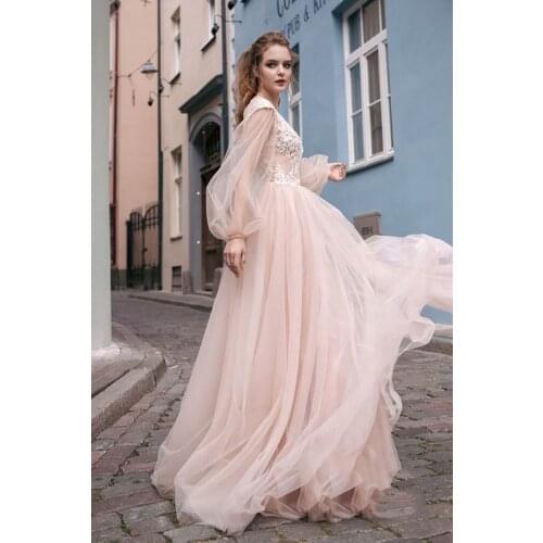 2019 Champagne Wedding Dresses Long Sleeve Lace Illusion Vestido De Noiva Dubai Arabic Wedding Gown Bride Dress