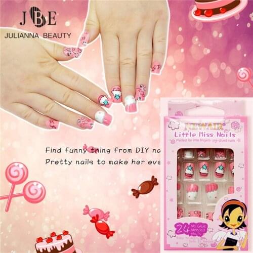 24Pcs/set Pink Kid Fake Nails DIY Full-cover Faux Ongles Pre-glue Acrylic Ice Cream False Nail Art Tips Manicure Tool