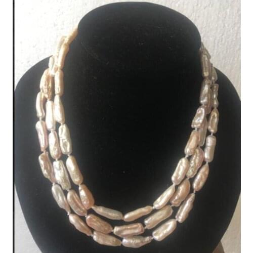 Free Shipping ***Hot sale >>3row 20mm pink BAROQUE KESHI REBORN biwa PINK PEARL NECKLACE