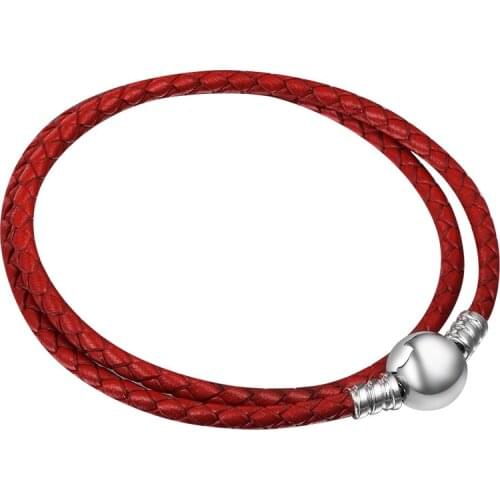 Round Clasp Charm Bracelet 925 Sterling Silver Red Braided Double Leather Bracelets for Women Men Fine Jewelry DIY Gift Pulsera
