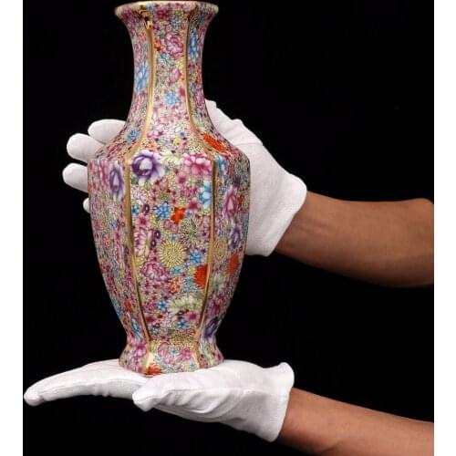 Jingdezhen antique handicrafts Qing Dynasty Qianlong enamel Golden Hexagonal flowers vase antique collection ornaments