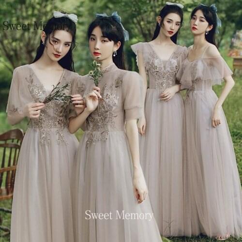 2021 Custom Made Stand Collar High Neckline Short Sleeve Bridesmaid Dresses Long Tulle Vestido De Fiesta De Boda Sweet Memory