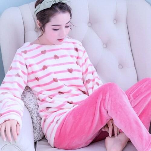H5768 Winter Coral Velvet Pajamas Long Sleeves Women Warm Home Clothes Set Flannel Autumn Thickened Lovely Comfortable Sleepwear