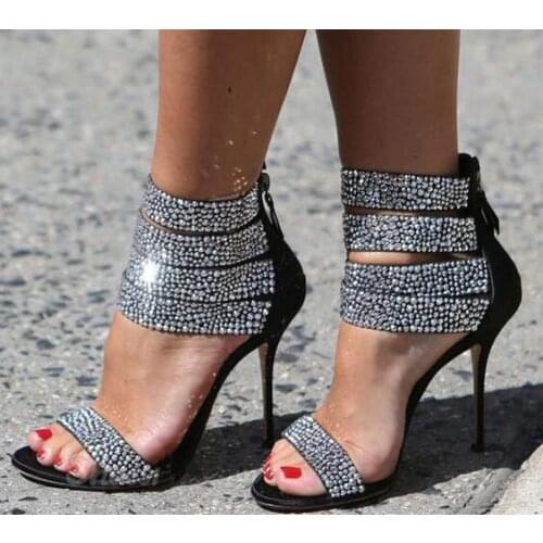 Classic LTTL brand designer sliver rhinestones charming high heels sandals for woman summer dress sandal back zipper pumps