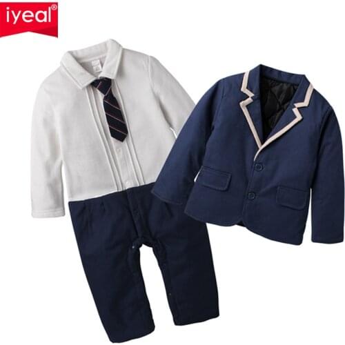 IYEAL New Baby Boy Clothes Formal Kid Newborn Rompers Sets Cotton Gentleman Fashion Tie Jumpsuit Overalls + Jacket Coat 2Pcs/set
