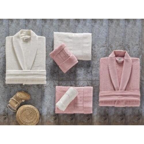NEW SEASON , NEW COLLECTION - 70% Bamboo 30% Cotton Soft Textured Family Bathrobe Set 6-Piece Bathrobe Set (Pink and Ecru)