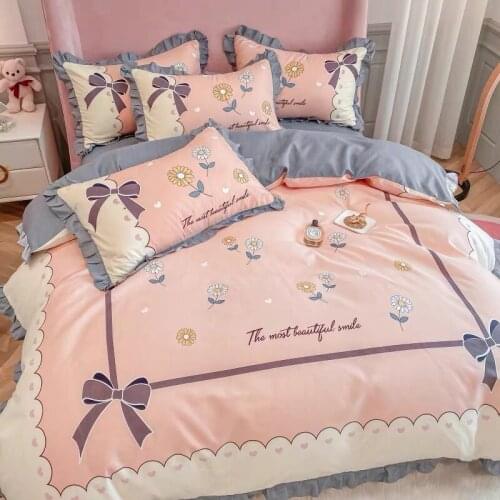 Bedding Set Fresh Pure Cotton Brushed Four-Piece Cartoon Lotus Leaf Lace Bed Sheet Quilt Cover Modern Simple Cute Bedding Set