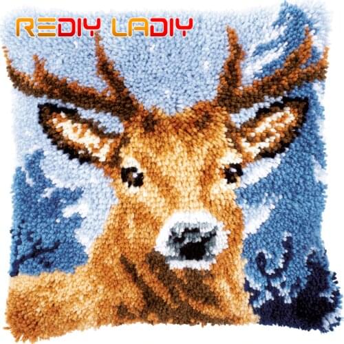 Latch Hook Cushion Deer in Forest Pillow Case Acrylic Yarn Sofa Pillow Printed Color Canvas Crochet Cushion Cover Arts & Crafts