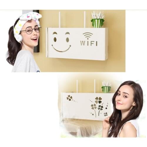 Multifunction Shelf Wireless Wi-Fi Router Box Wall Shelf Hanging Plug Board Bracket Storage Box Bins Smile Cat Pattern