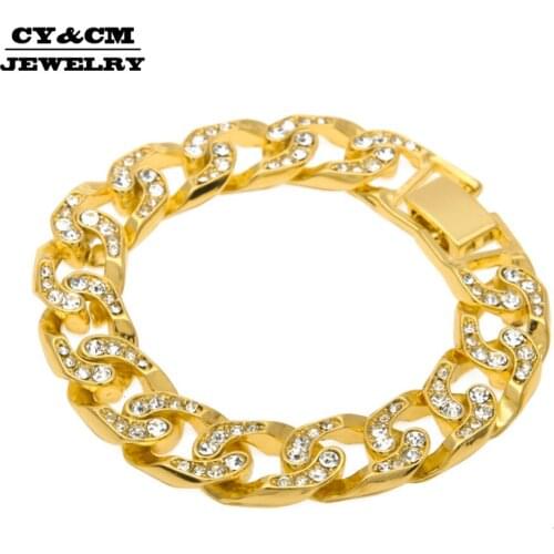 15mm Hip Hop Men Rhinestone Bracelet Iced Out Cuban Links chains Silver Color Bracelet for Bangle Male Alloy Gold Color Jewelry