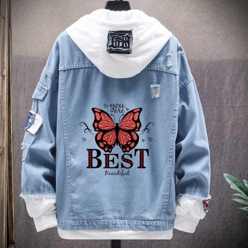 2021 NEW Beautiful Butterfly Denim Jacket With Print Autumn Jean Jacket For Men Style Hip Hop Plus Size Varsity Jeans Coat