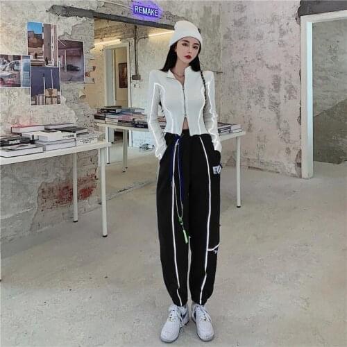 New Style Fried Street Suit Womens Short Reflective Strip Cardigan Top + Zipper Wide-Legged Pants Two-Piece Set
