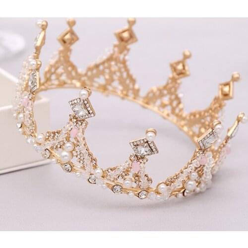 Luxury Round Crown Crystal Pearl Queen Wedding Tiara And Crwons For Bridal Headpiece Wedidng Hair Accessories Party Hair Jewelry
