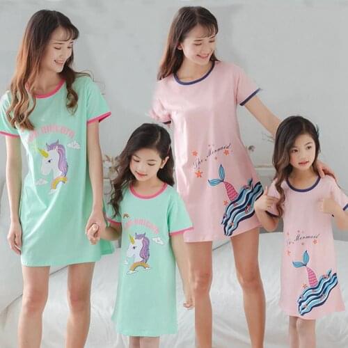 New Childrens Nightdress Baby Mother Cotton Pajamas Girls Parent-child Sleepwear Unicorn Nightgown Nighty Kids Princess Dress