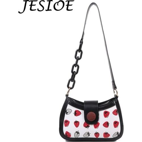 Fashion Baguette Bags Leather Cute Shoulder Bags for Women Designer Luxury Strawberry Print Handbag Female Small Travel Tote