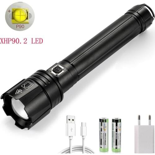 Super Bright XHP90.2 Powerful Flashlight Rechargeable Waterproof Searchlight LED Brightest Zoom Tactical Torch