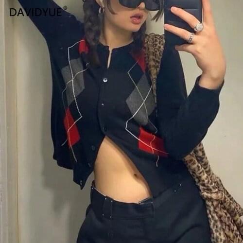 Sweater women cardigan vintage knitted sweaters korean long sleeve cardigans button up black plaid cardigan top fashion 2021
